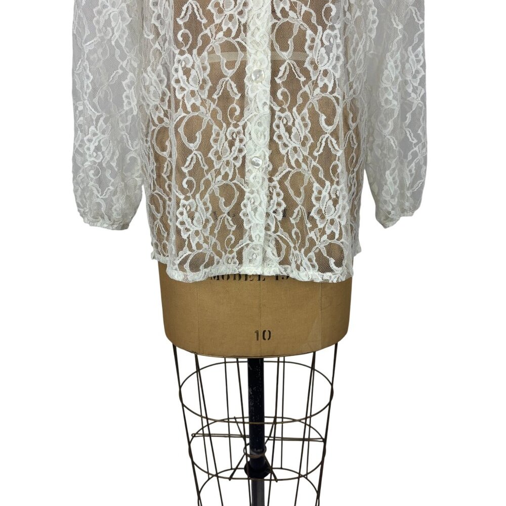 Blair Lace Blouse Womens Medium Sheer Cream Long Sleeve Button Down Shirt - Picture 5 of 10